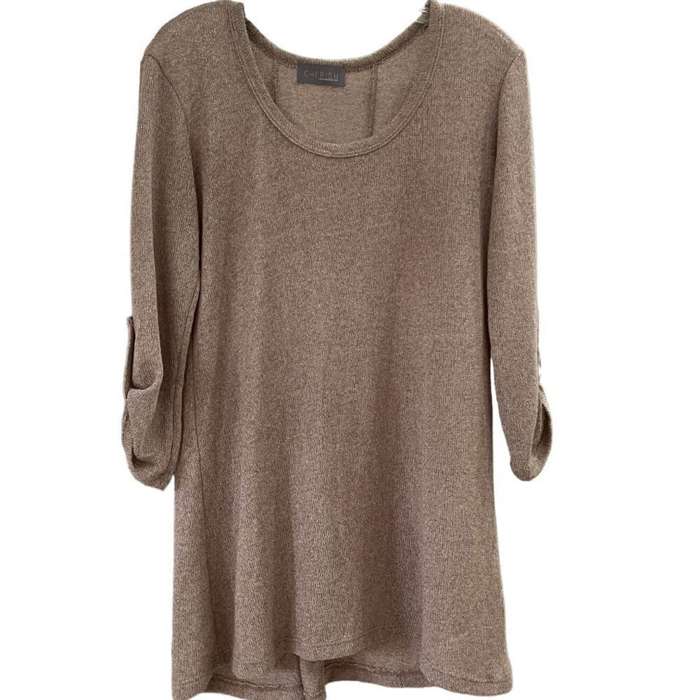 CHERISH Sheer Knit Scoop Neck Tunic Light Brown Size Medium